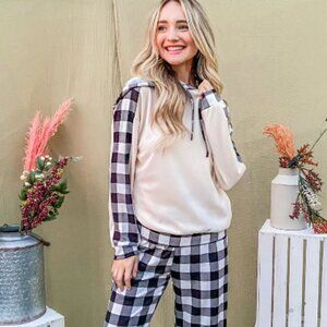 Plaid Drawstring Hooded Top and Plaid Pants Lounge Set